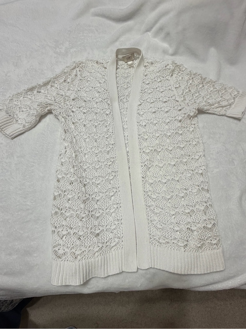 LOFT White Crochet Open-Front Short-Sleeve Cardigan, sz Large